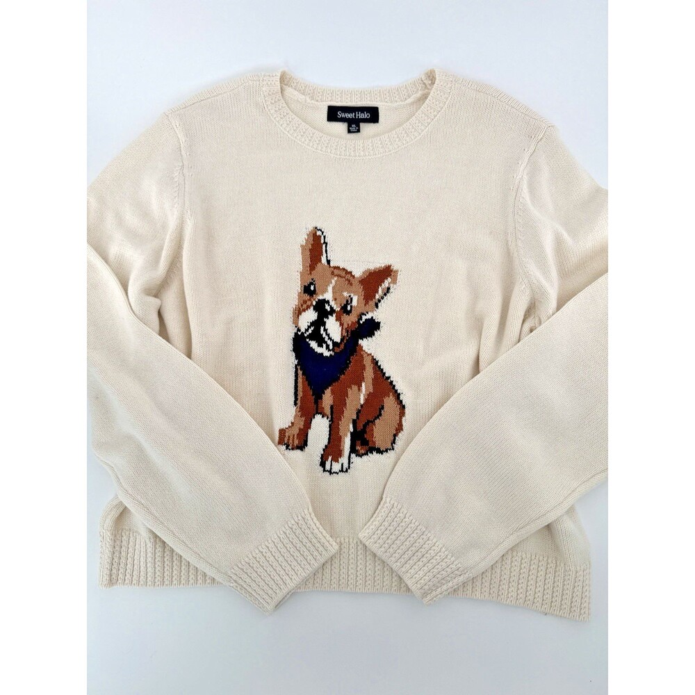 Sweet Halo Sweater Woman XL Cream Knit French Bulldog Graphic Top